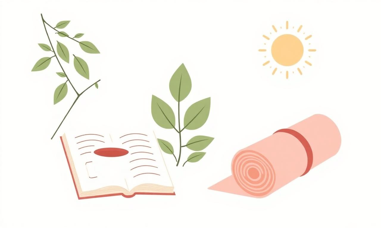 Beginner wellness guide illustration with an open notebook, leafy plants, a yoga mat and a sun