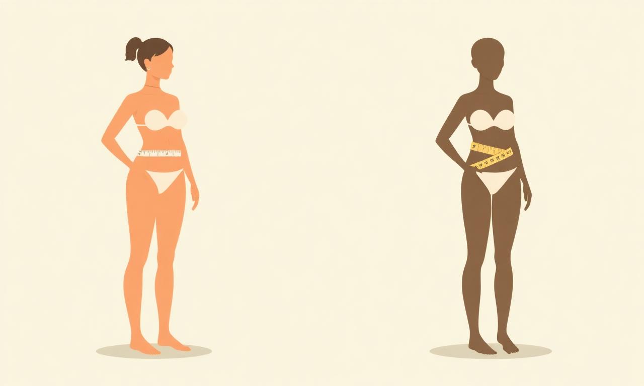 Two neutral body silhouettes with a waist measuring tape, illustrating the difference between BMI and body fat percentage as health metrics
