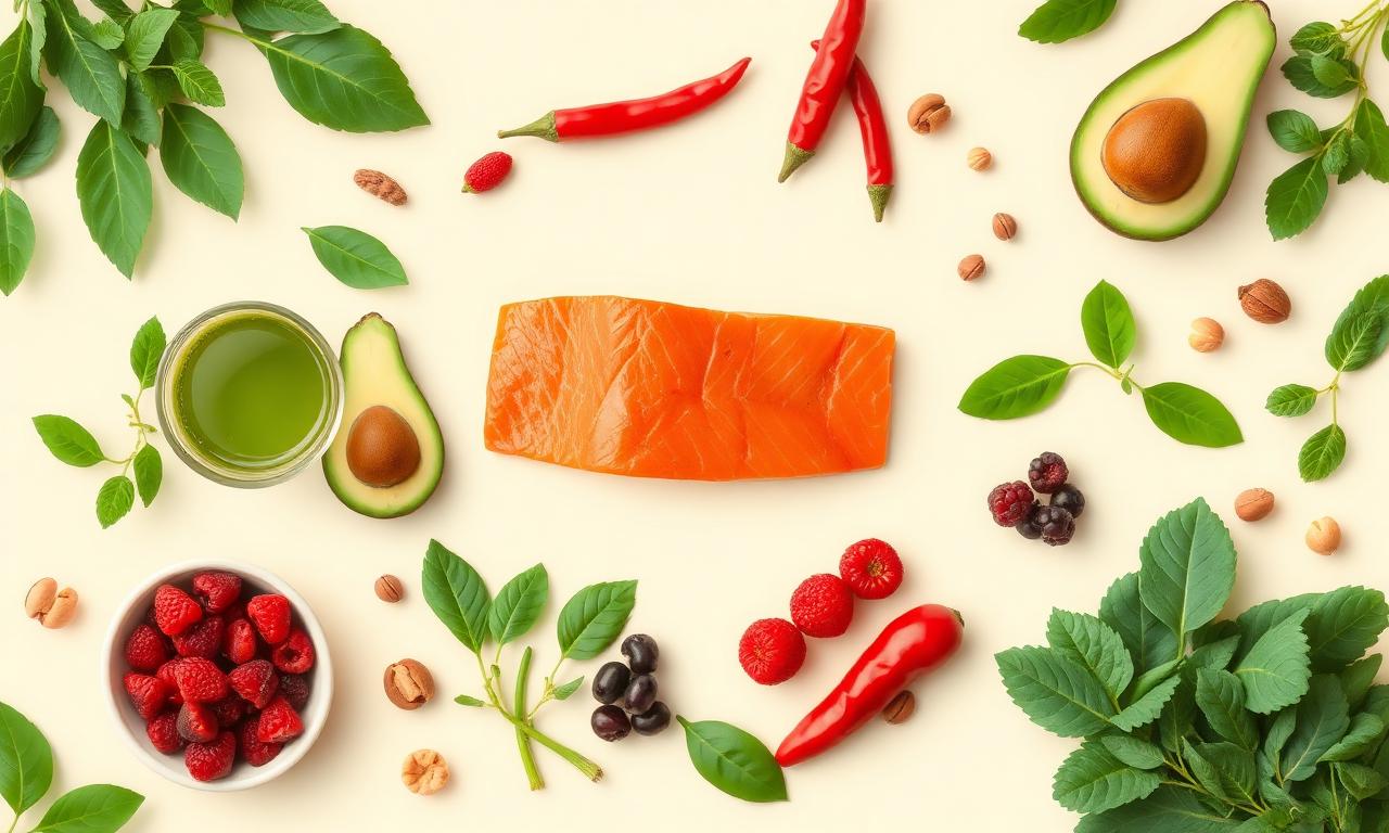 Best Fat-Burning Foods Fresh whole foods including salmon, avocado, green tea, chili peppers, berries and leafy greens for fat metabolism support