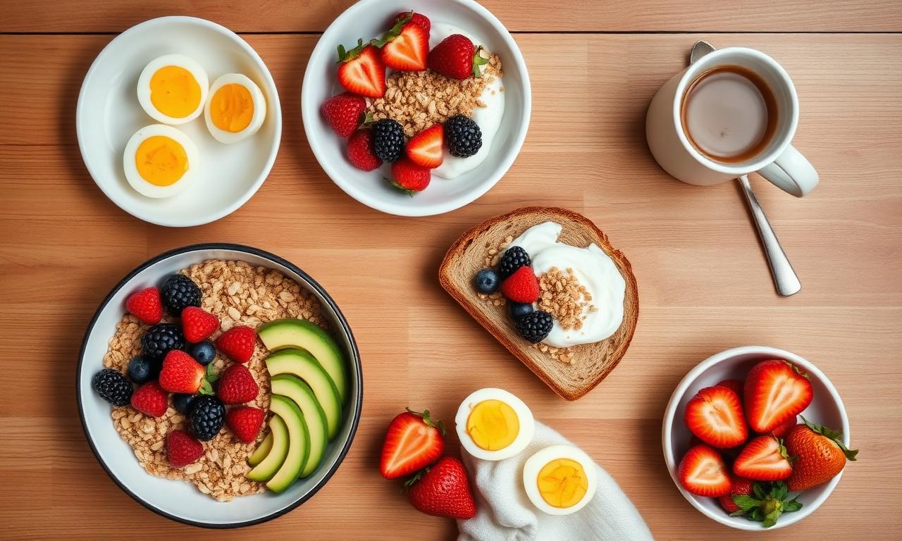 Overhead view of healthy breakfast options including oatmeal with berries, Greek yogurt with granola, boiled eggs, avocado toast and coffee