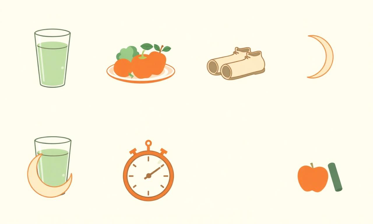 Healthy daily lifestyle routine infographic showing hydration, nutrition, walking, exercise and sleep icons