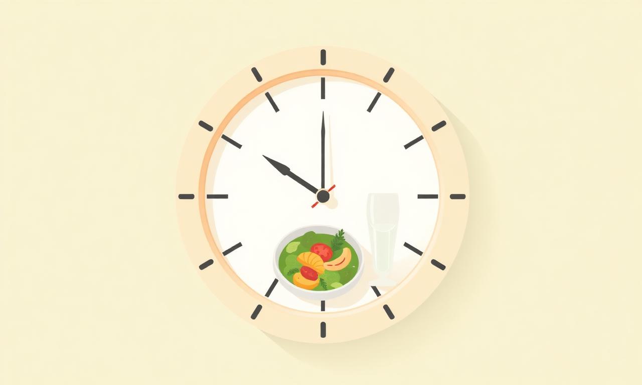 Intermittent Fasting: A Beginner's Guide Minimalist clock illustrating the intermittent fasting eating and fasting windows next to a plate of healthy food