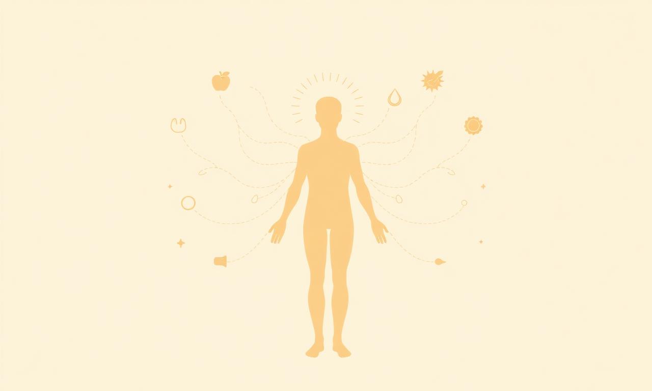 Educational illustration of human metabolism showing energy flow from food to the body