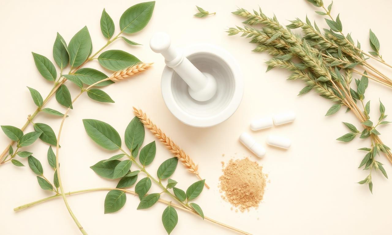 Natural wellness supplements educational visual with herbs, dried botanicals, mortar and pestle and plain capsules