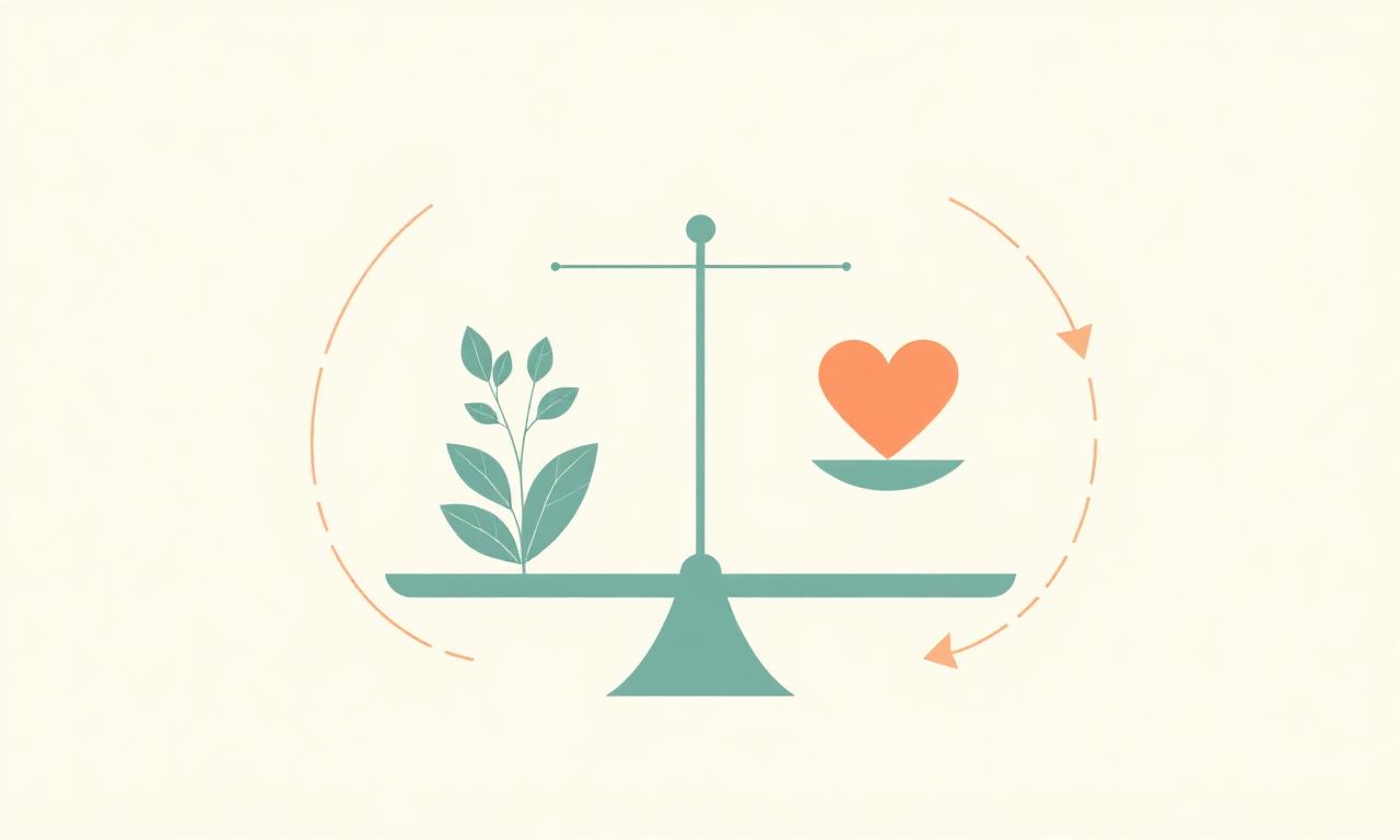Weight management concept diagram showing a balance scale with a plant and heart symbol representing lifestyle balance